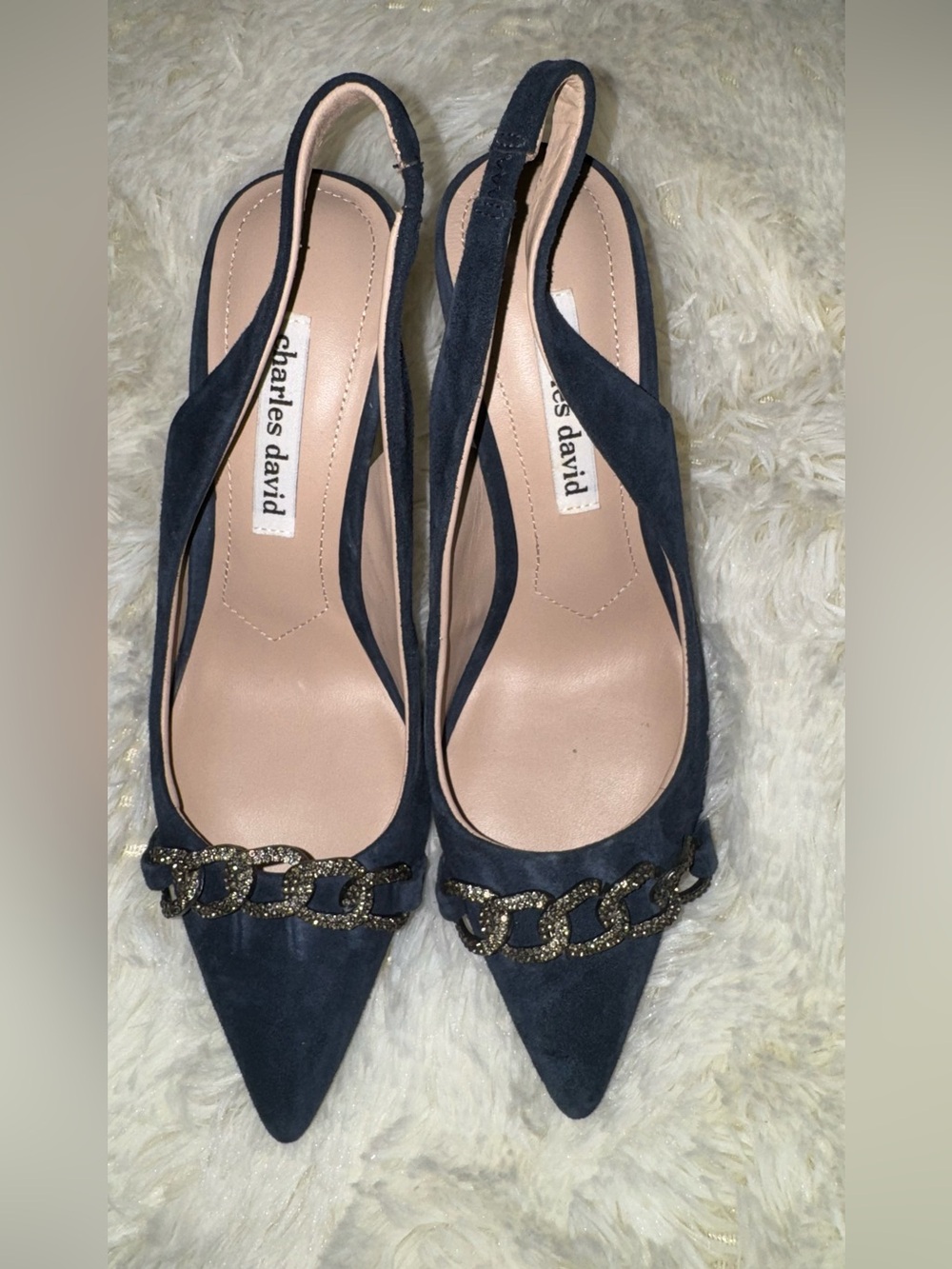 Charles David Navy Suede Pointed Toe Slingback Heels with Chain